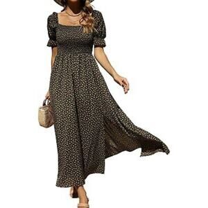 NEW  Floral Print Dress  SIZE SMALL  Bohemian Midi Length Square Neck Smocking
